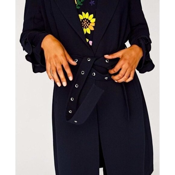 Zara Navy Blue Ruffled Sleeve Belted Wrap Midi Trench Coat Duster - Picture 8 of 10